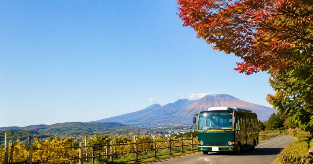 長野県小諸市の観光風景をイメージした写真。浅間山を背景に、小さな周遊バスがワイナリーや紅葉の景色が広がる道路を走っている。秋の高原らしい爽やかな空気と、観光地を巡る旅の魅力を表現している。