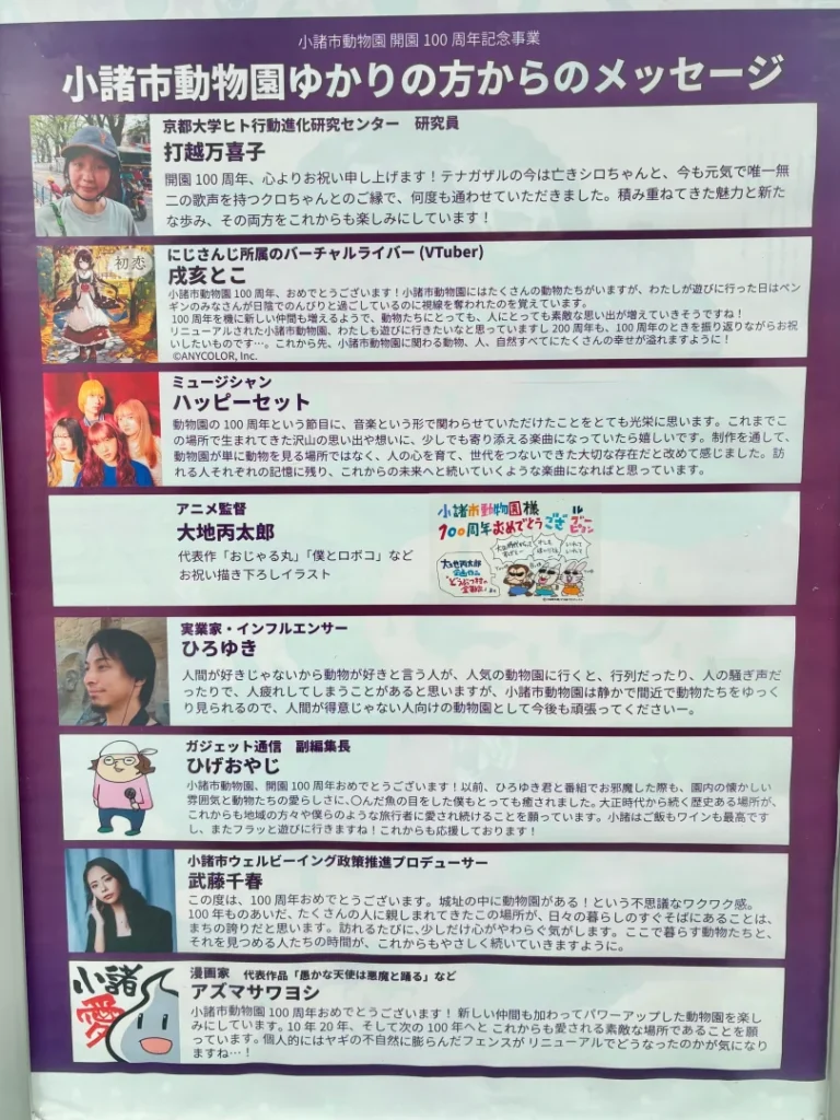 小諸市動物園100周年に寄せられたお祝いメッセージの展示