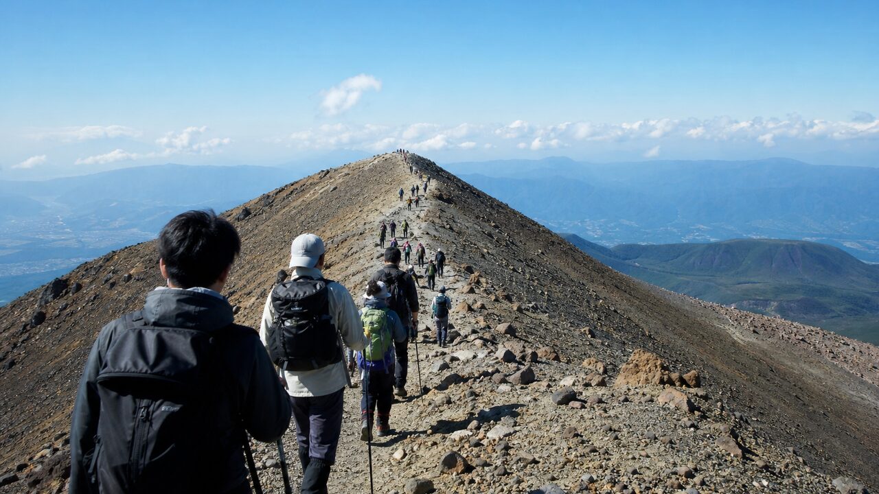 初夏の浅間山の登山道を、リュックを背負った登山者たちが列になって歩く混雑のイメージ