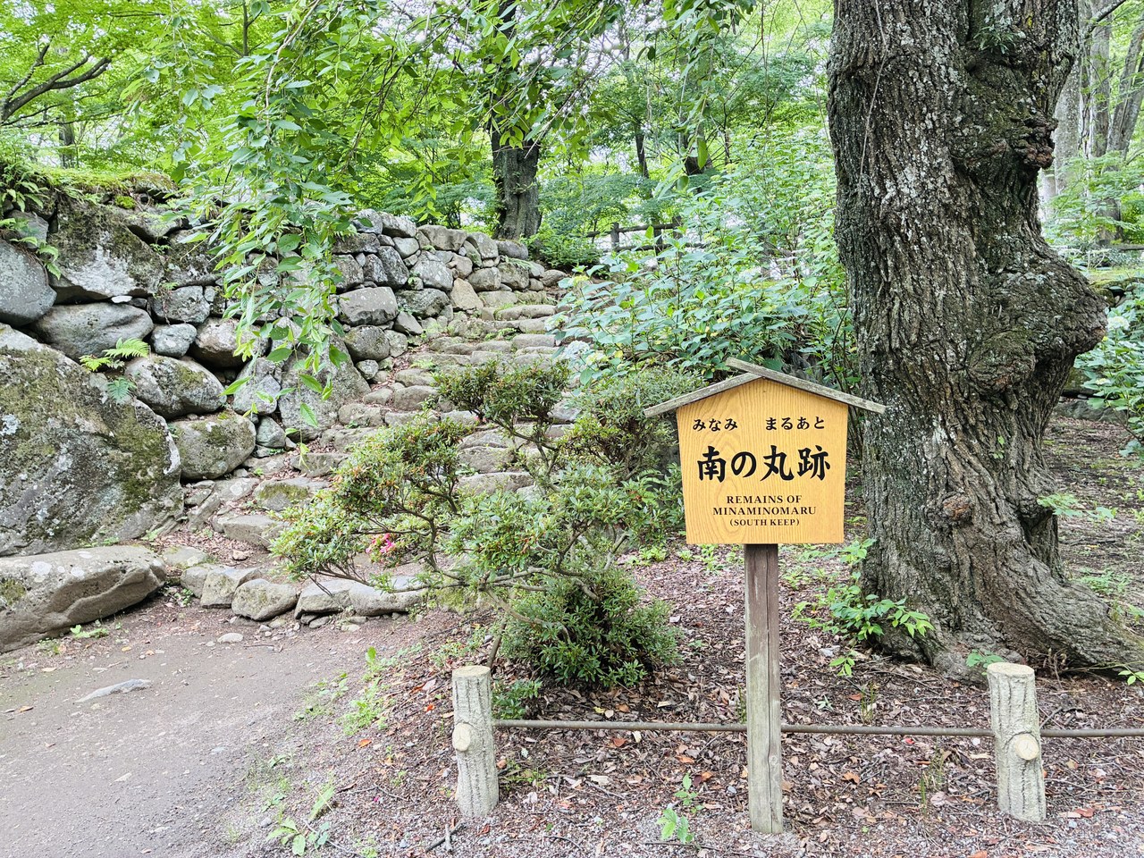 懐古園内の「南の丸跡」の案内板と、苔むした石垣・石段