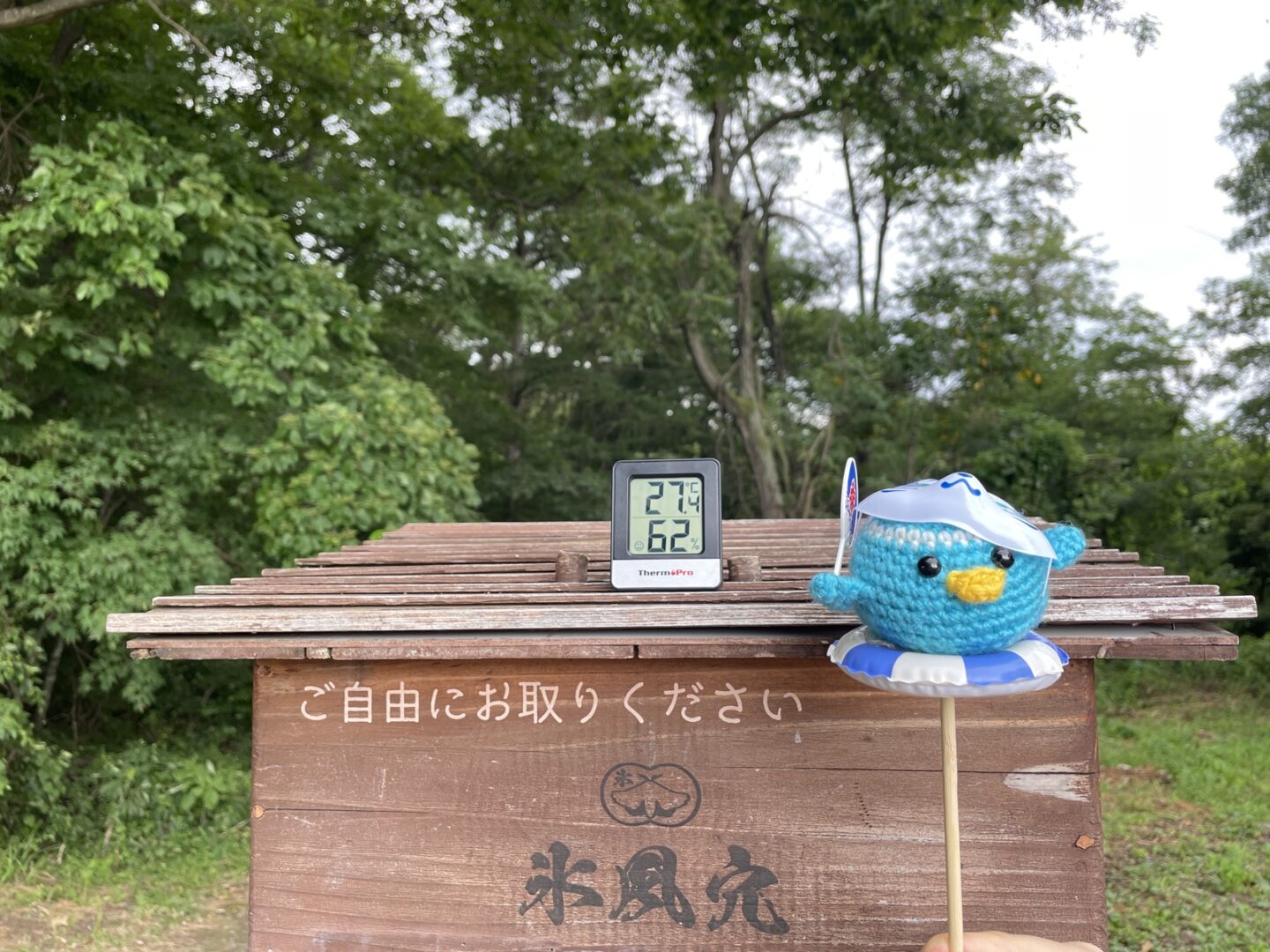 氷風穴の入口に置かれた木製の箱の上の温湿度計。外の気温は約27℃を示している。箱には氷風穴の焼印とエールくん