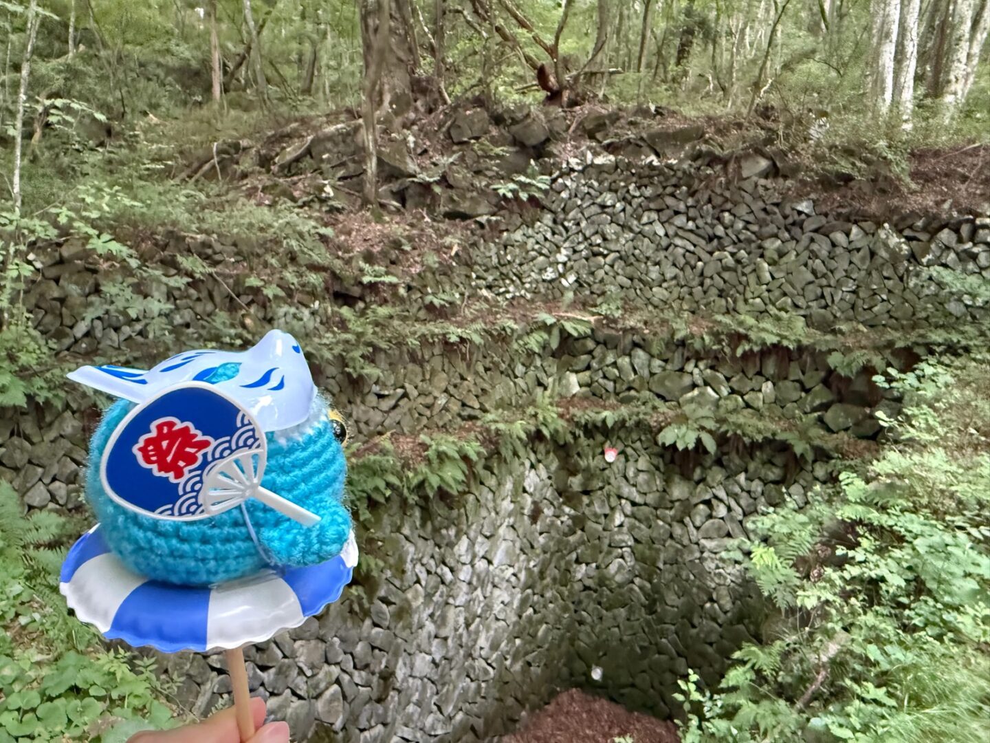 山の斜面に石を積み上げてつくられた氷風穴群。段々になった石積みの間から冷気が出てくる。手前にエールくん
