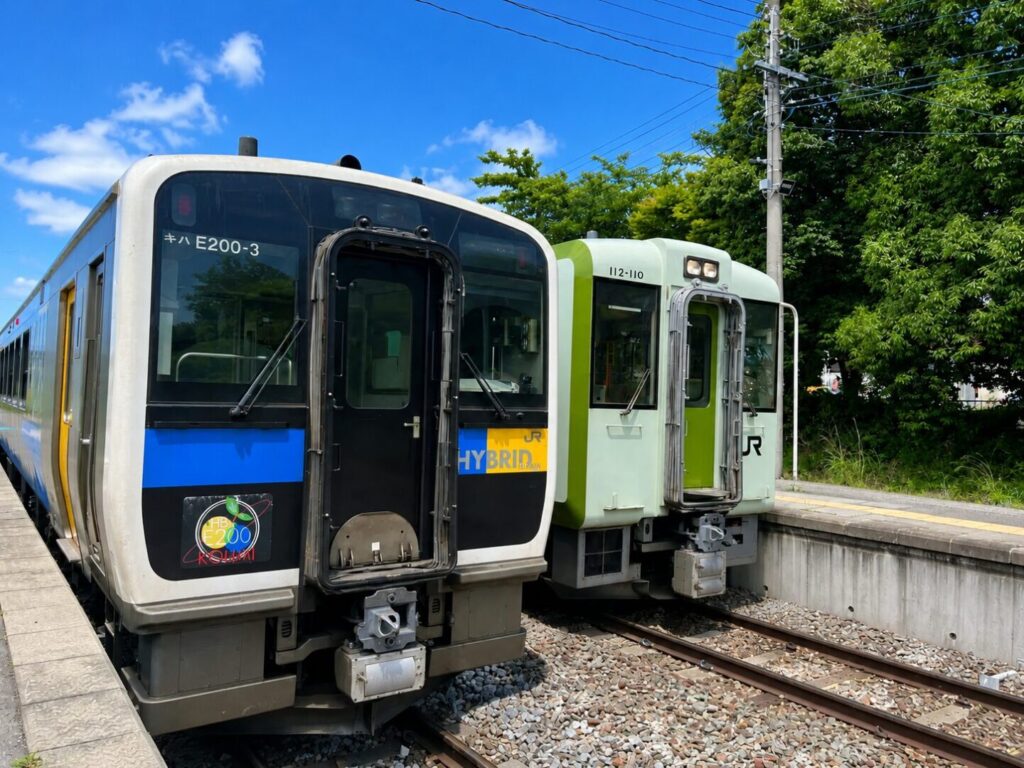 JR小海線・三岡駅｜線路を歩いて渡る無人駅と、たまたま来たハイブリッド車両