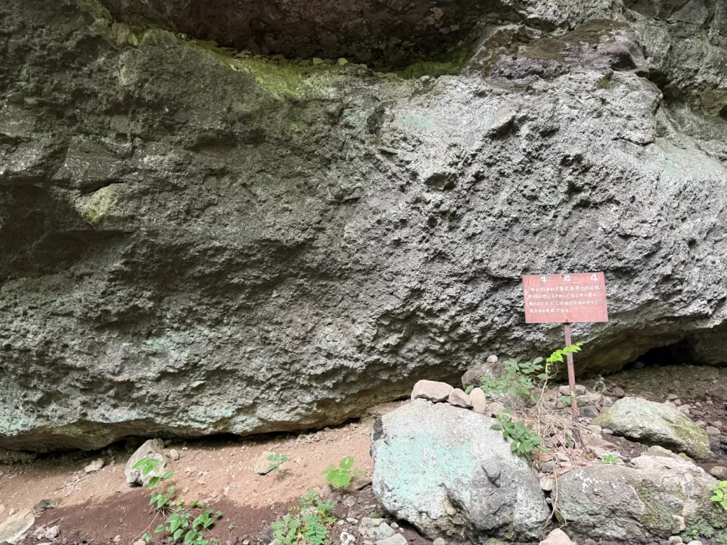 参道の見守り地蔵の少し先にある大きな牛岩と、牛岩の説明板