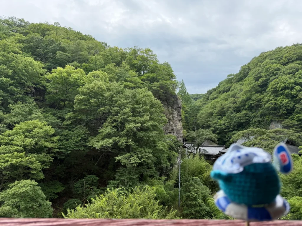 観音堂の舞台から見下ろした緑の谷と境内の屋根、手すりの上のエールくん