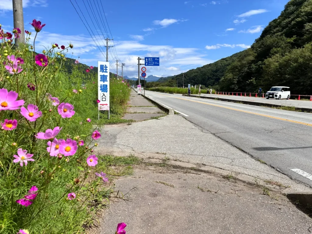国道の歩道わきに立つ「駐車場 入口→」の案内看板