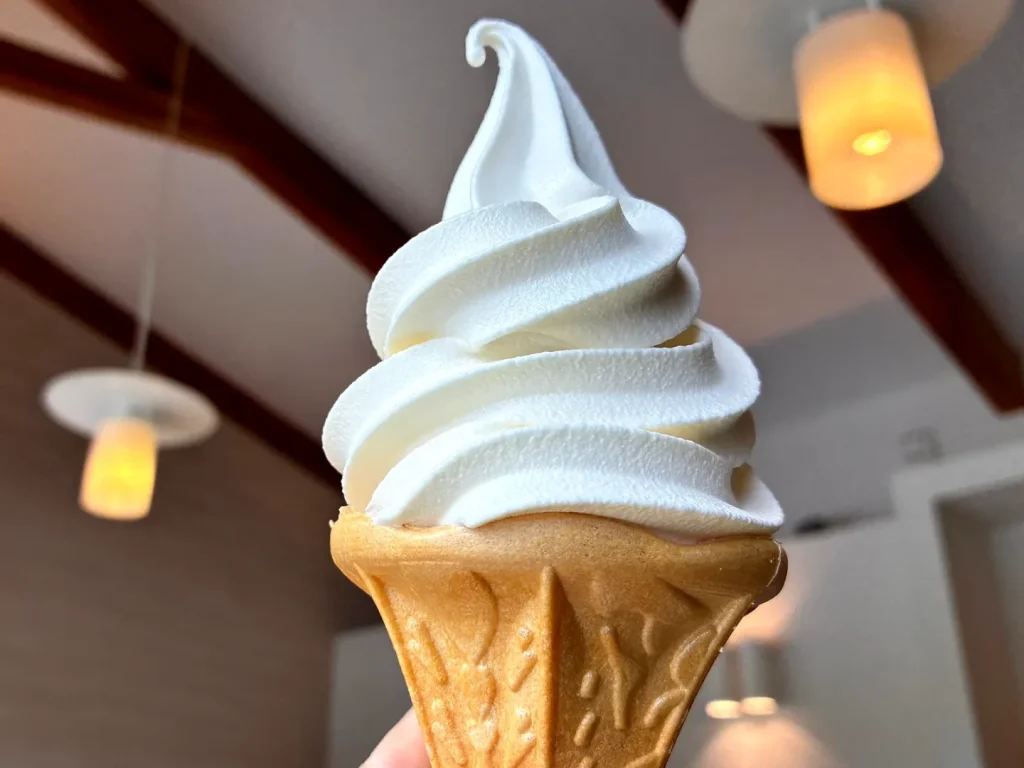ビジターセンターのカフェで、木の梁のある天井を背に手に持った白いソフトクリーム