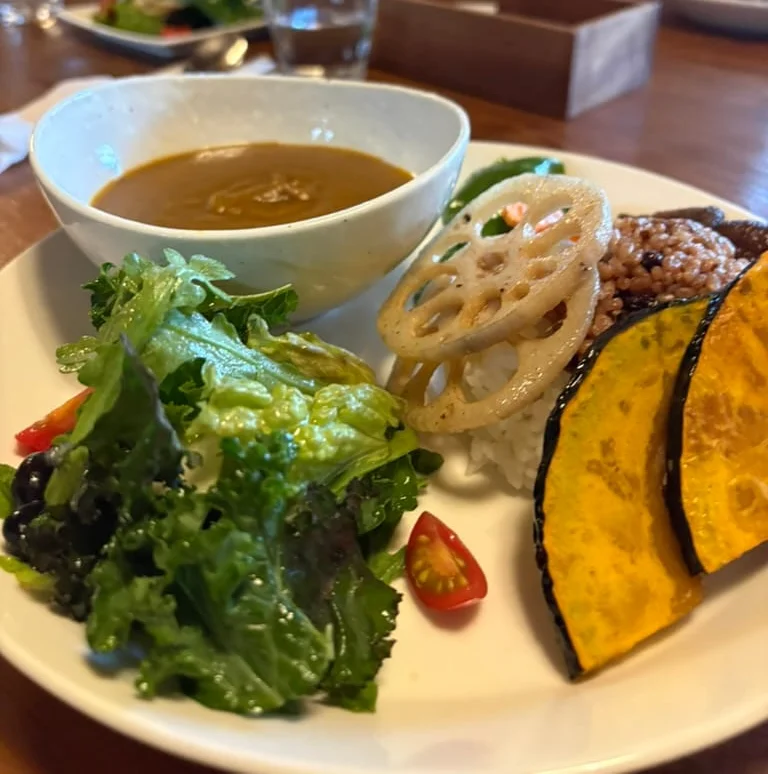 農カフェわのんの酵素玄米のベジカレープレート。植物性のカレーに素揚げ野菜とサラダが添えられている
