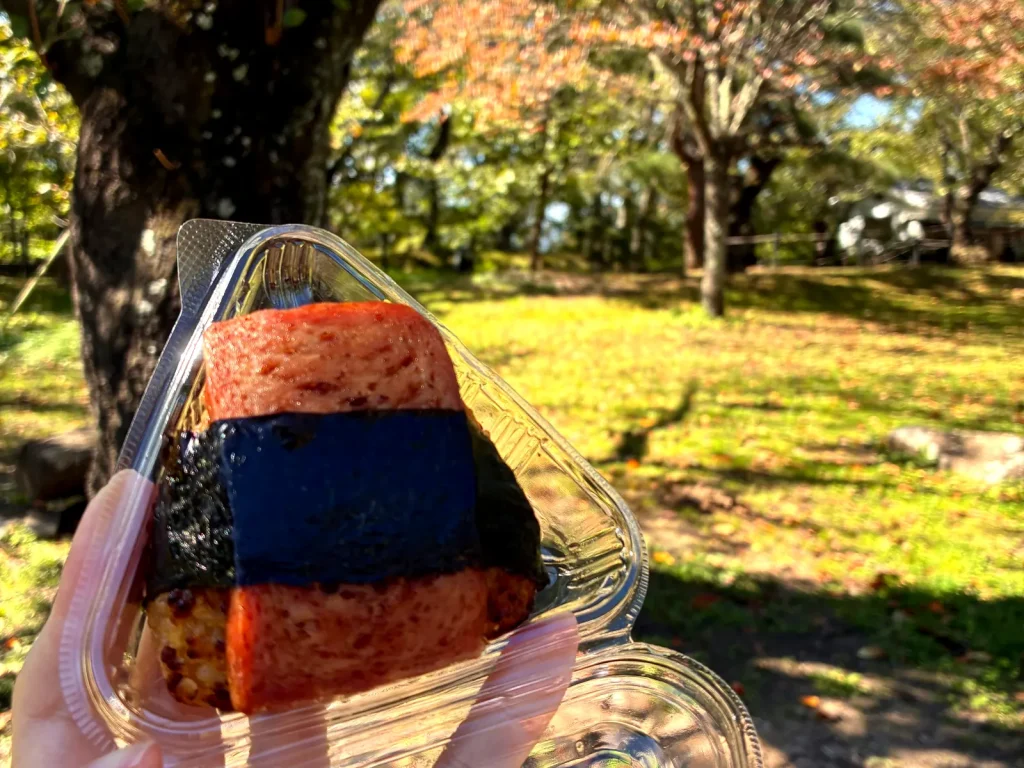 手に持ったスパム粒マスタードのおにぎり。うしろは芝生の広場と、色づき始めた木